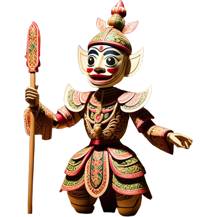 Golek Ayun-ayun – Cinematic Realistic Wayang Golek Ayun-ayun, depicted as an intricately carved traditional wooden puppet with vibrant painted details and expressive features, set on a dimly lit stage with dramatic shadows that evoke centuries of Indonesian theatrical heritage, rendered with lifelike textures and subtle ambient glow. emoji