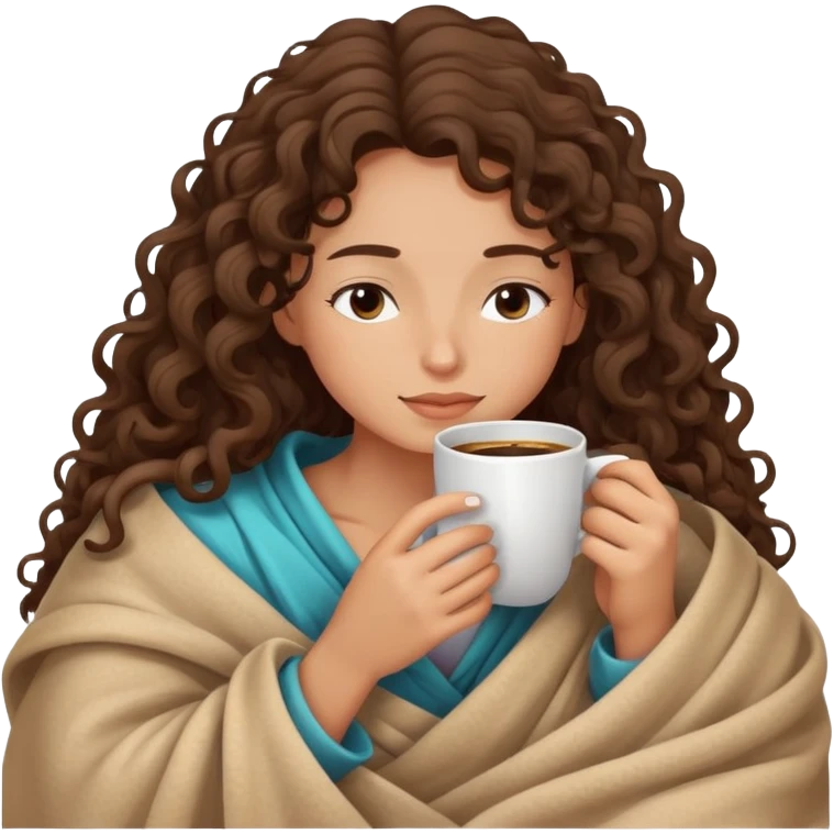 girl brunette Curly long Haití inside a blanket sipping coffee eyes closed emoji