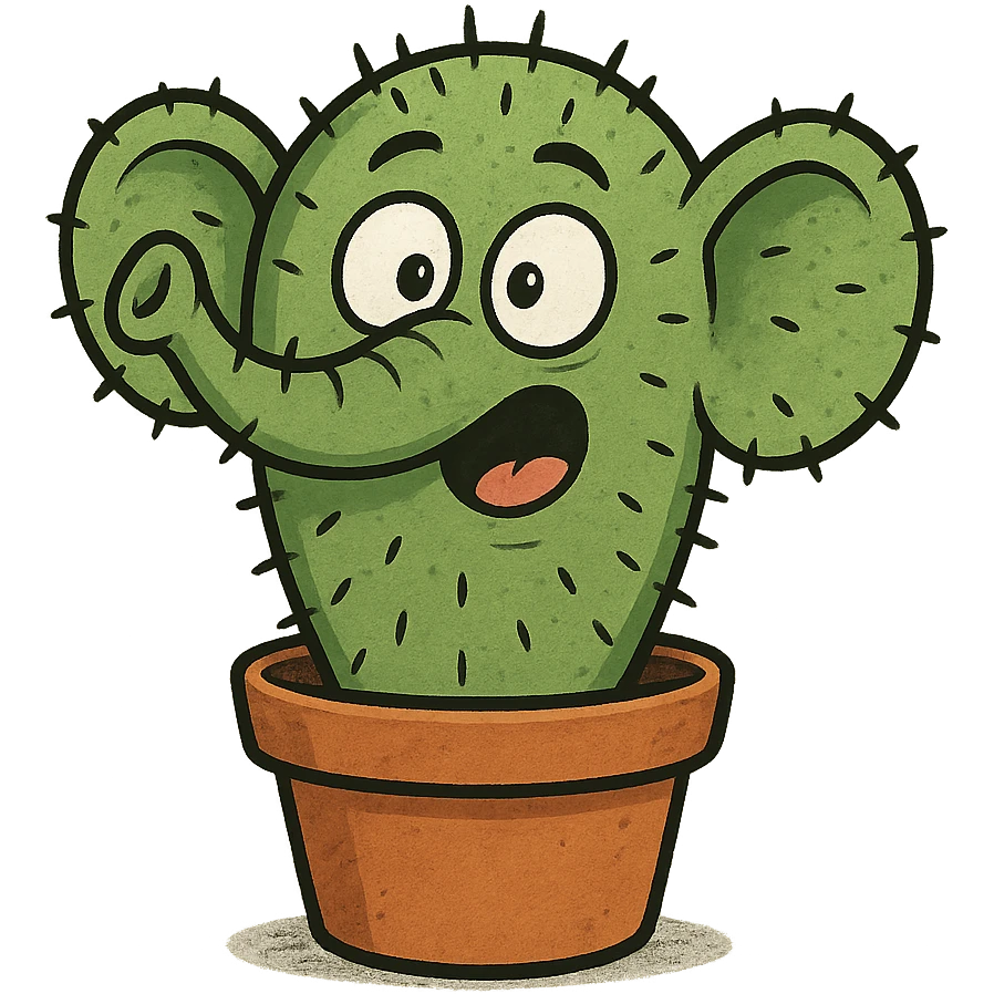 small potted cactus elephant with a comical expression emoji