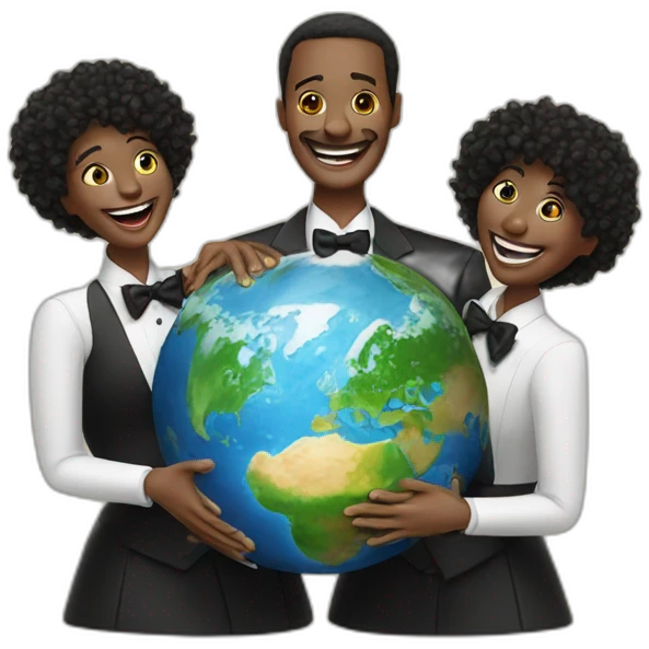 3 people in tuxedo laughing with their palms raised behind a miniature earth emoji