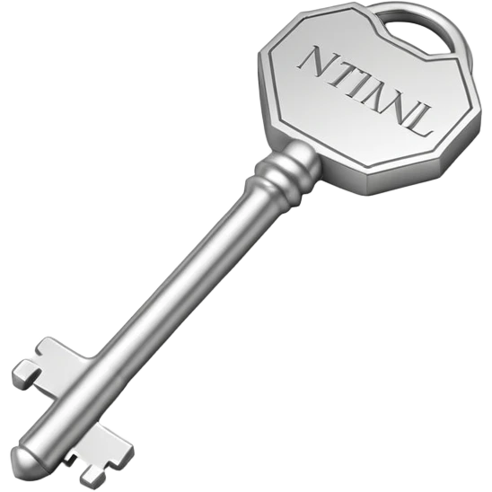small silver metal key with hexagonal head and the word NATIONAL engraved, clean lines, soft silver tone, minimalistic and precise emoji