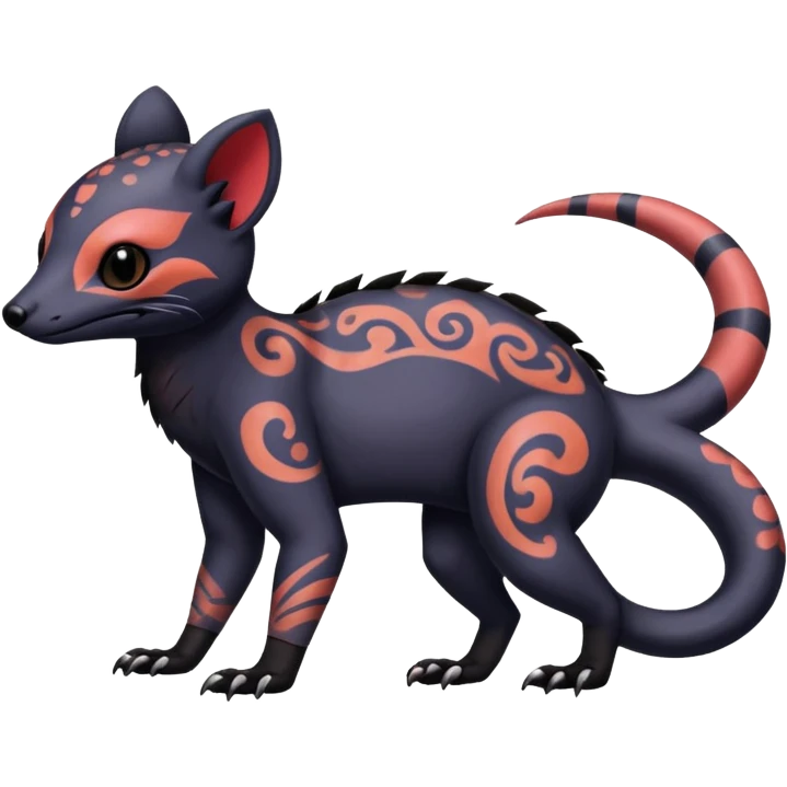 Rare warm-colored exotic gloomy tropical edgy cute epic aesthetic spooky  gothic colorful Salandit-Noibat-Civet-species-Fakemon-hybrid-creature, with tribal tattoo markings, full body emoji