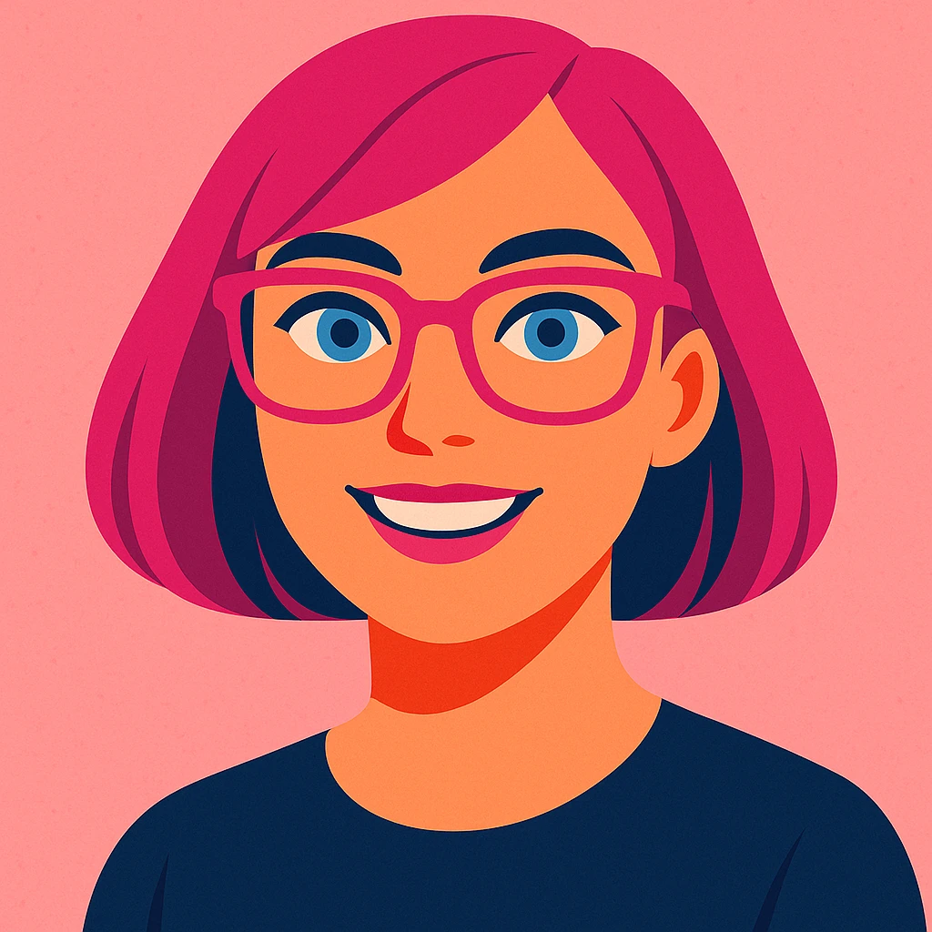 Make her look younger, no fringe on the pink bob haircut, add pink glasses and blue eyes, keep pink salt background, vibrant toon style emoji