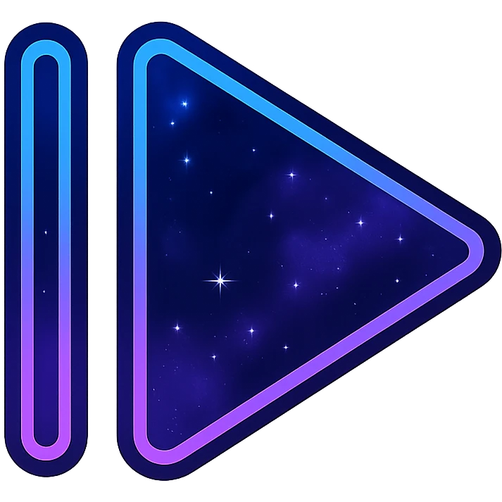 previous song icon, modern clean double triangle and line reversed with neon border and glowing effect, dark purples blues blacks base, nebula gradients, small bright stars, specular highlights, luminous look emoji