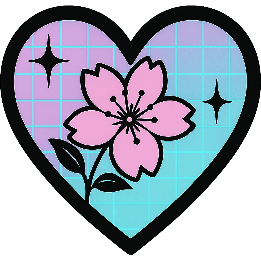 goth sakura heart, vaporwave, pastel pink and black, grid background effect, retro digital vibe emoji