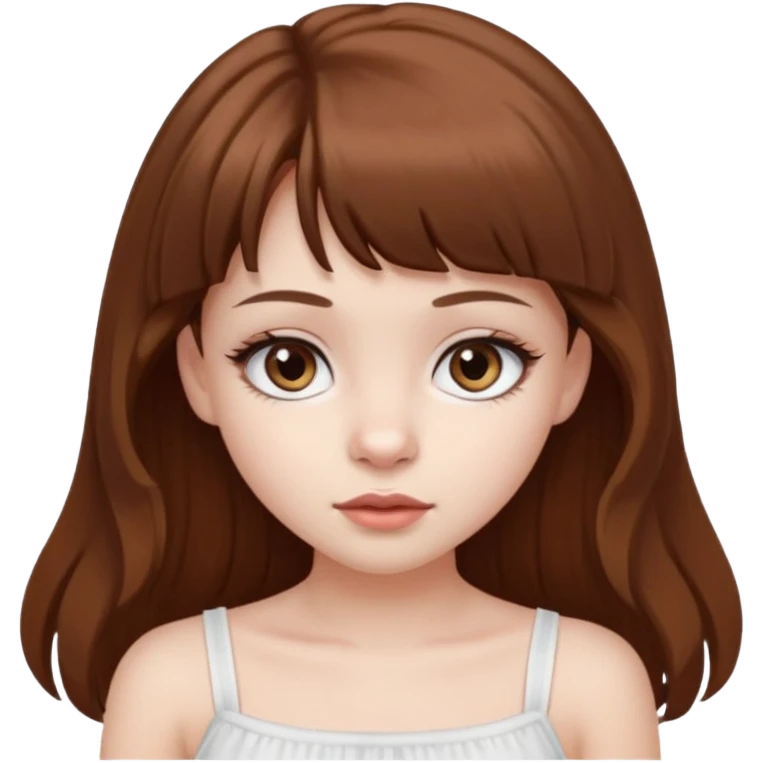 Pale skinned waisian girl with brown hair and dark brown eyes. She has bangs and her hair is slightly big wavy and long. She has big cat looking eyes and long lashes. Make her wear a white tube top. emoji