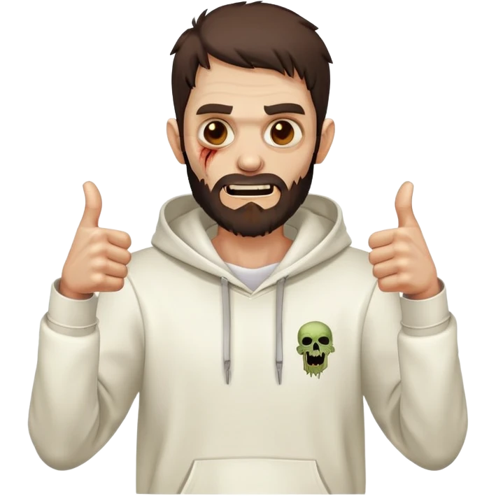 zombie with thumbs up gesture wearing plain white hoodie with no designs, dark brown hair and short full beard emoji