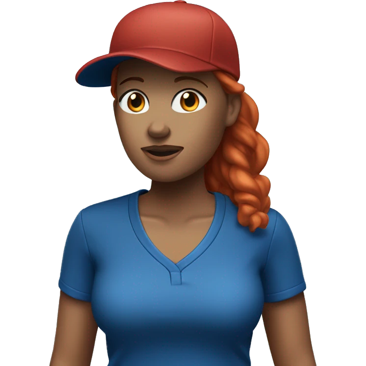 female coach standing up with red hair in blue shirt and with a blue baseball hat emoji
