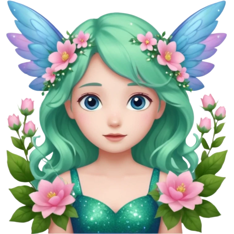 Una ragazza datata, occhi azzurri rosati dolci e aperti, vestito verde come la natura co  altri elementi e fiori rosa, deve avere le ali azzurrine,decorati con fiori e con glitter. O capelli di colore rosa chiaro con in acconciature tipica delle fate, capelli mossi e lunghi emoji