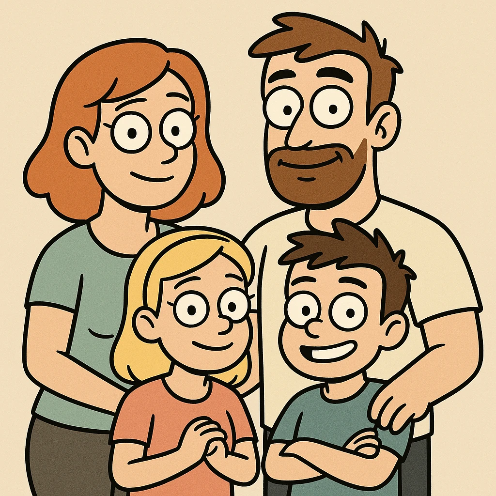 a cartoon family in flat toon style, bold lines emoji