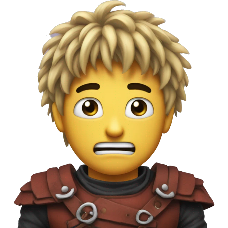 the relieved emoji but with the hair of guts from berserk (twitter version emoji) emoji