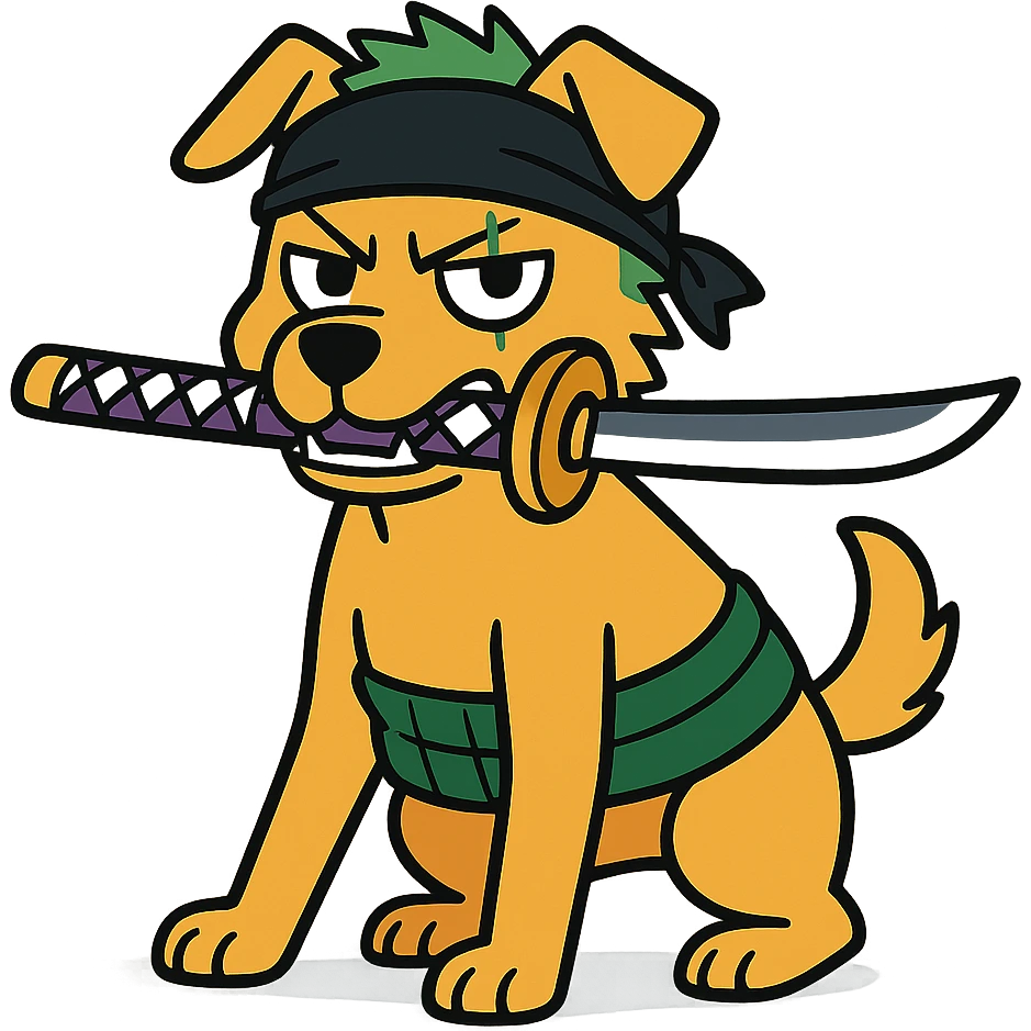 dog as Zoro from One Piece, holding a sword in mouth, green haramaki, anime style emoji