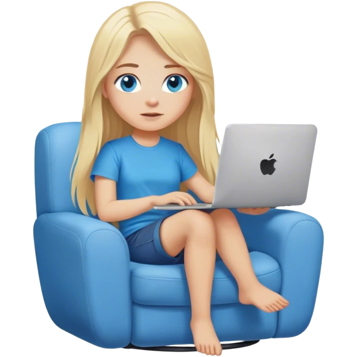 Cinematic realistic blonde with long hair, blue eyes, dressed in a T-shirt, sits in a soft, cozy armchair with a computer on her lap emoji