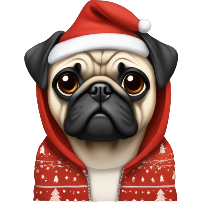Pug wearing christmas hoodie emoji