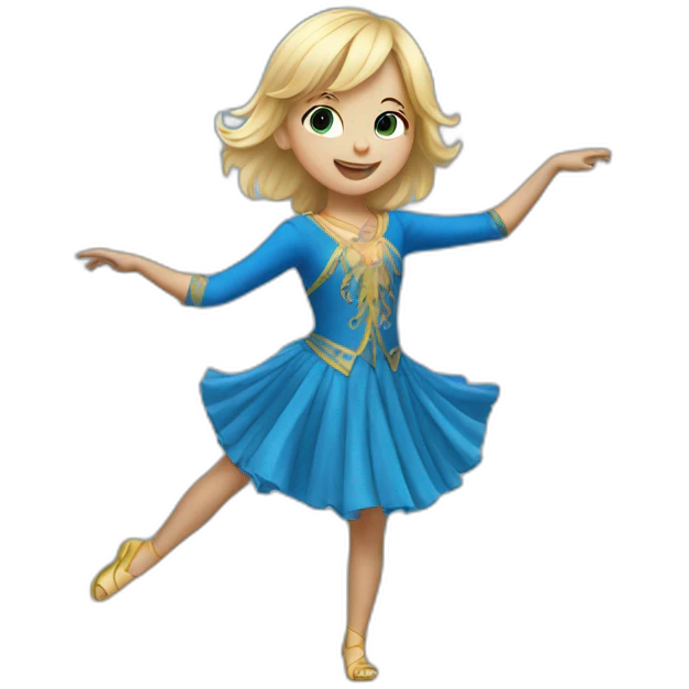 little blonde girl dancing in a blue bird costume emoji