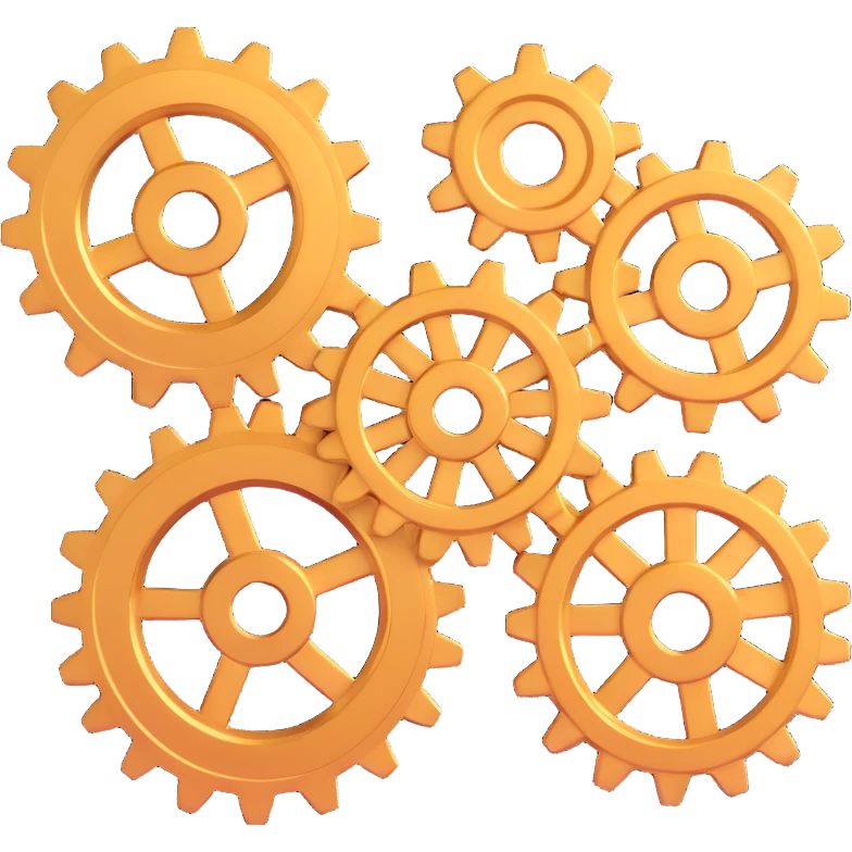 3D style icon of three metallic cogs, no computer, arranged in a square composition, techy and modern emoji