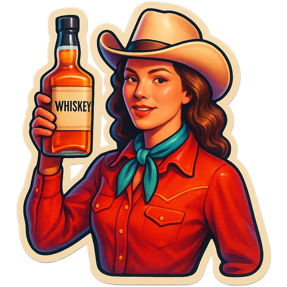 A sticker of a female cowboy with a bottle of whiskey emoji