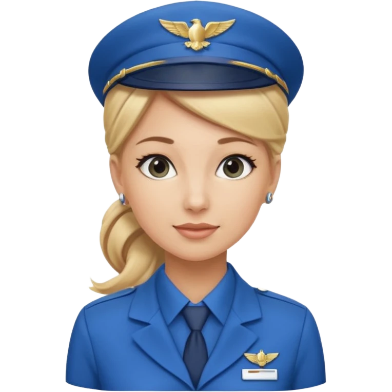 Create an emoji of a female flight attendant with blonde hair tied up, wearing a blue flight attendant hat and a blue flight attendant uniform. emoji