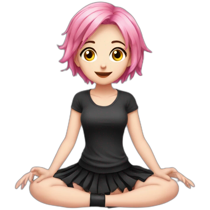 Full body Front view curvy emo girl pink hair sits on the floor straight view hands up black skirt белые трусики emoji