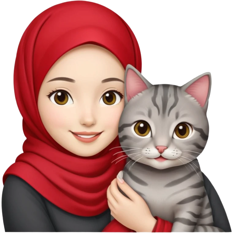 Asian White girl wearing red hijab holding a black grey tabby cat while smiling emoji