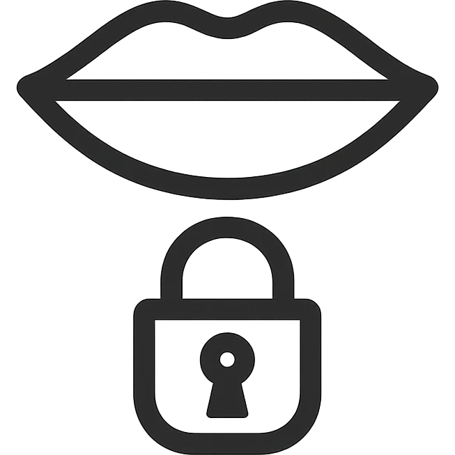Minimal flat icon representing silence and restraint: a closed mouth combined with a lock or hourglass, symbolizing disciplined silence and internal focus. Monochrome, clean, premium style. emoji