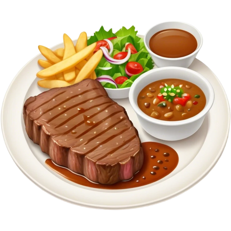 big juicy australian steak meal featuring chips, small salad in a ramikan and gravy in a small bowl on the plate emoji
