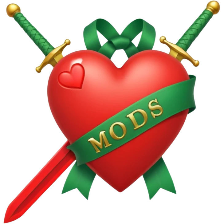 a red heart pierced by a green sword, with the text 'MODS' on a white ribbon emoji