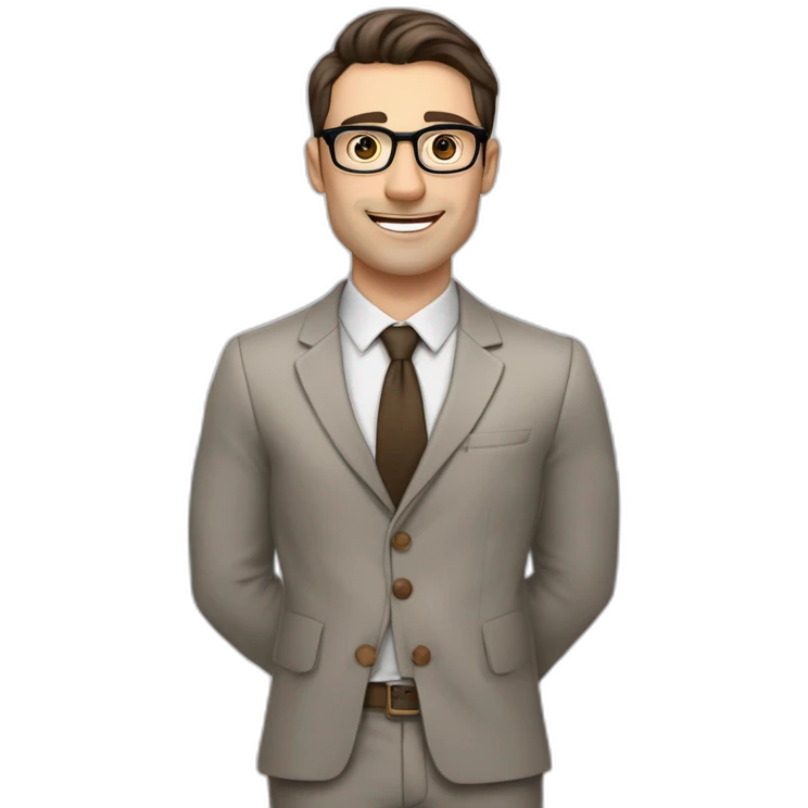 Pale skinned fit man with dark brown hair in gray jacket, beige office shirt, brown tie, brown pants and vintage glasses Writing text on the flipchart emoji