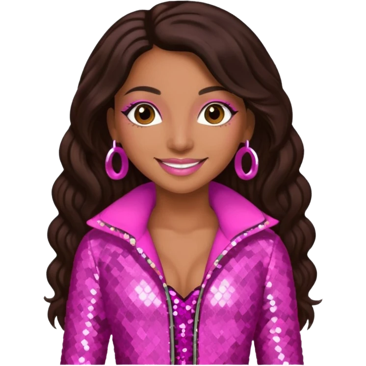Mya, R&B Singer with dark brown long hair, pink sequin outfit emoji