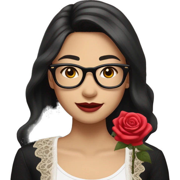 Asian girl, smiling with teeth, fair skin, black long hair, black eyes, black glasses with gold frames, red lipstick, wearing a white lace tank top and a black office jacket on top, with pink and red roses around her. emoji