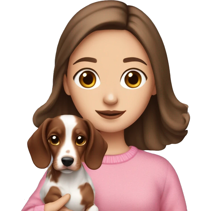 brown haired white girl with pink pullover holding a brown merle dachshund emoji
