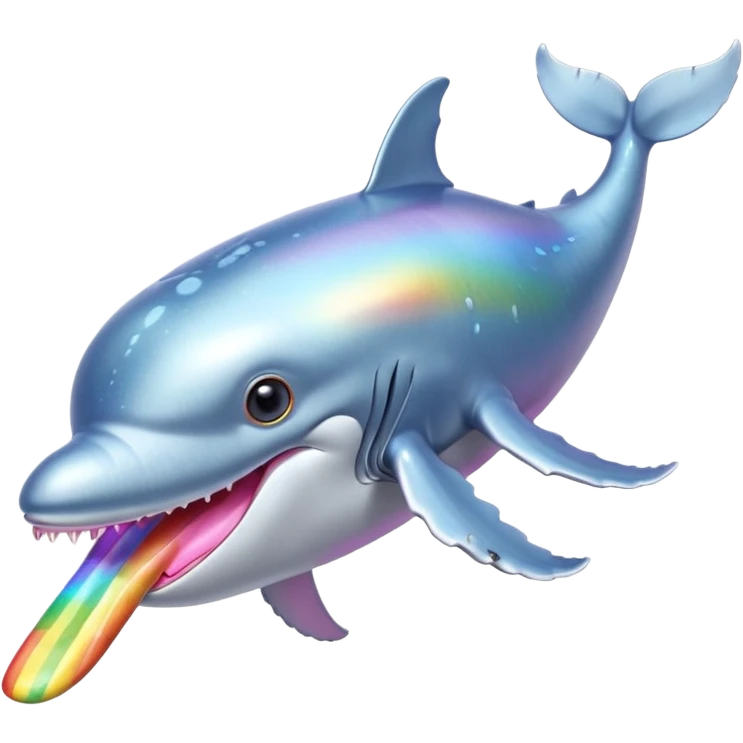 ice pastel baby blue, platinum grey and steel silver skin humpback whale with pink tongue and with tawny amber and yellow eyes with black pupils and barnacles and iridescent rainbow shine on its back emoji
