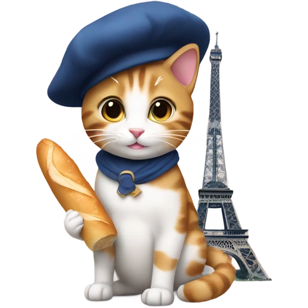 cat wearing beret holding baguette by eiffel tower emoji