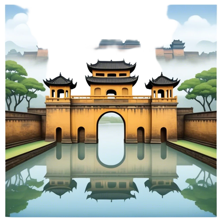 Cinematic Realistic Imperial City of Hue Landmark Emoji, capturing the ancient citadel’s weathered walls, intricate gates, and traditional Vietnamese architecture, surrounded by a misty, tranquil moat. emoji