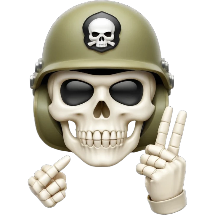 A bold emoji-style (bodyless) white skull wearing a realistic modern army helmet, making a shushing gesture (index finger bone held up to mouth area). Clean vector style,modern emoji aesthetic.The helmet has detailed realistic texture. emoji