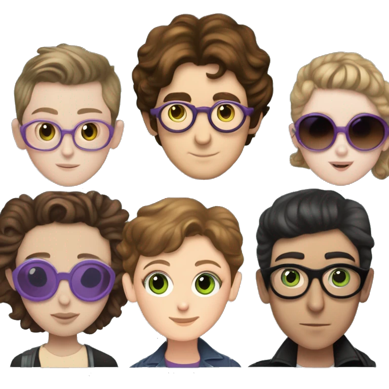 Young John Lennon in love with young girl with curly short brown hair, green eyes, and purple glasses and young Paul McCartney in love with young greaser girl with brown hair and brown eyes and pale skin emoji