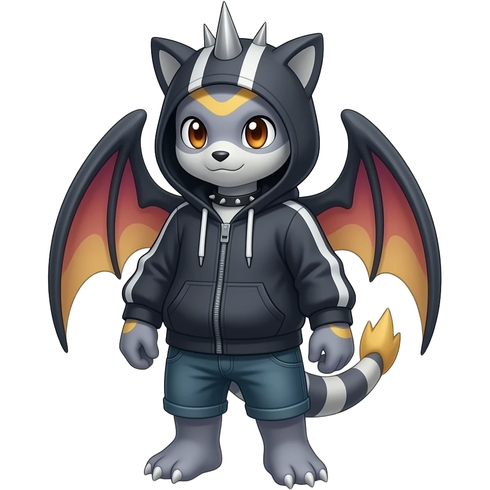 Cool Dark Edgy Absol-Noivern-Quilava-Litten-Pokémon with edgy stripes hoodie spiked collar punk Full Body emoji