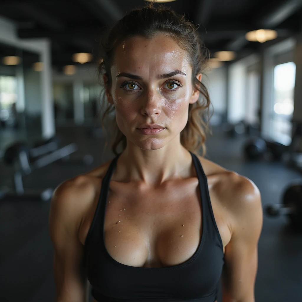 hyperrealistic 4K image of a woman training hard in a gym, sweat on forehead, tired expression, fitness environment emoji