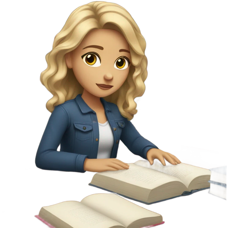 Girl with light skin, blue eyes and dark blonde hair studying  emoji