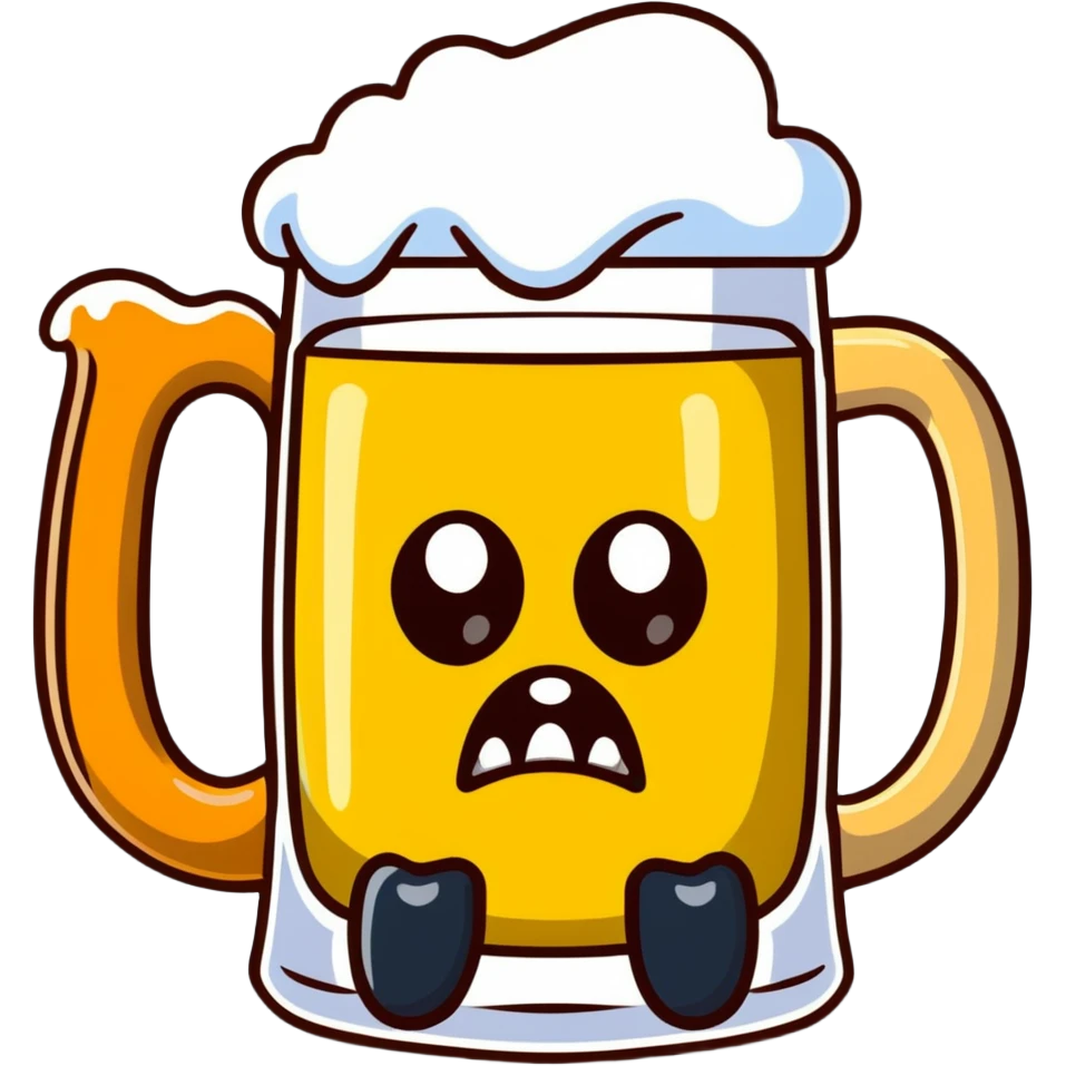 A wobbly beer tankard with monster eyes and sharp teeth like a mimic monster, overflowing with frothy beer emoji