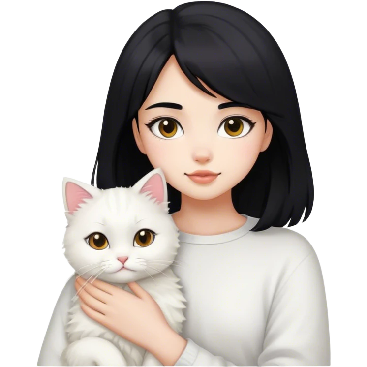 a light pink vibes cute girl with black medium hair and her white fluffy cat emoji