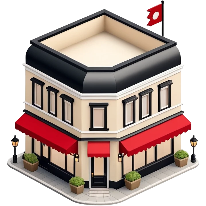 Isometric exterior little black, beige, and white fancy restaurant dollhouse style 3D realistic  emoji