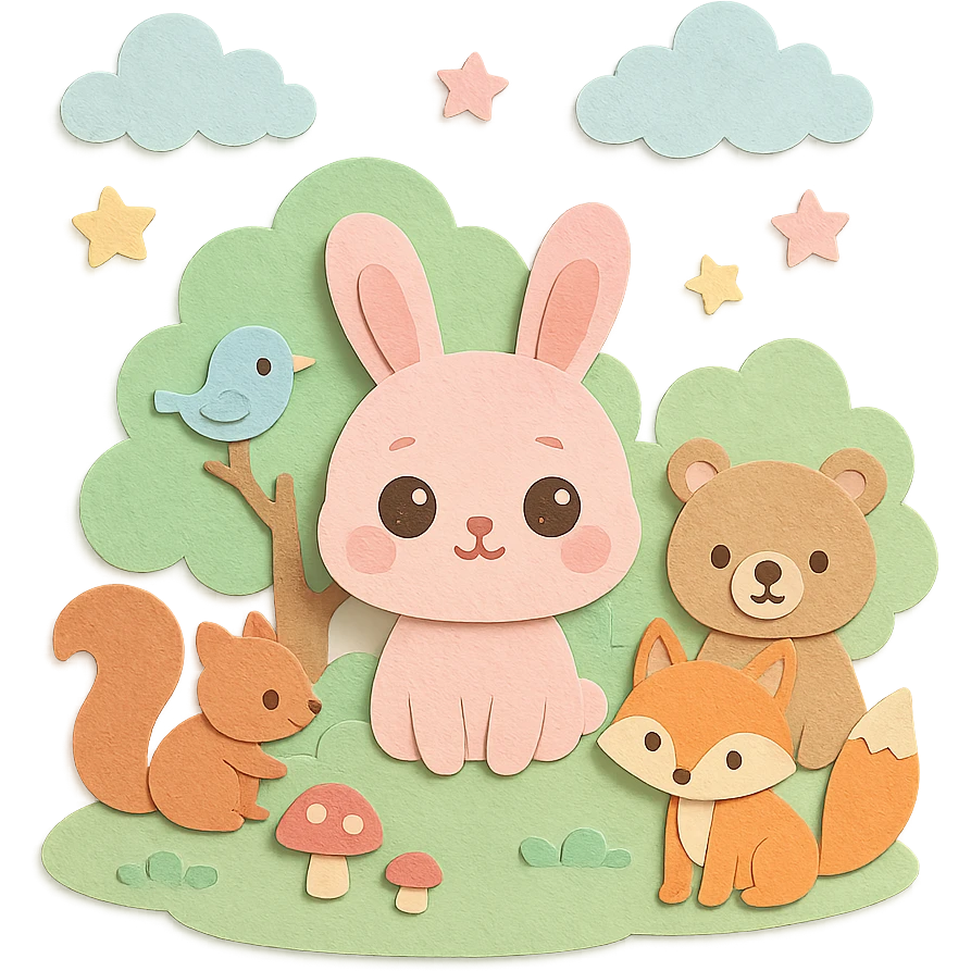 hand-crafted paper craft style kawaii mori forest with fluffy pastel bunny with round baby face, big sparkling eyes, pink blush, with squirrel, bear, fox, and bird, soft pastel green forest, dreamy clouds, pastel stars, mushrooms, soft pastel tones, high resolution emoji