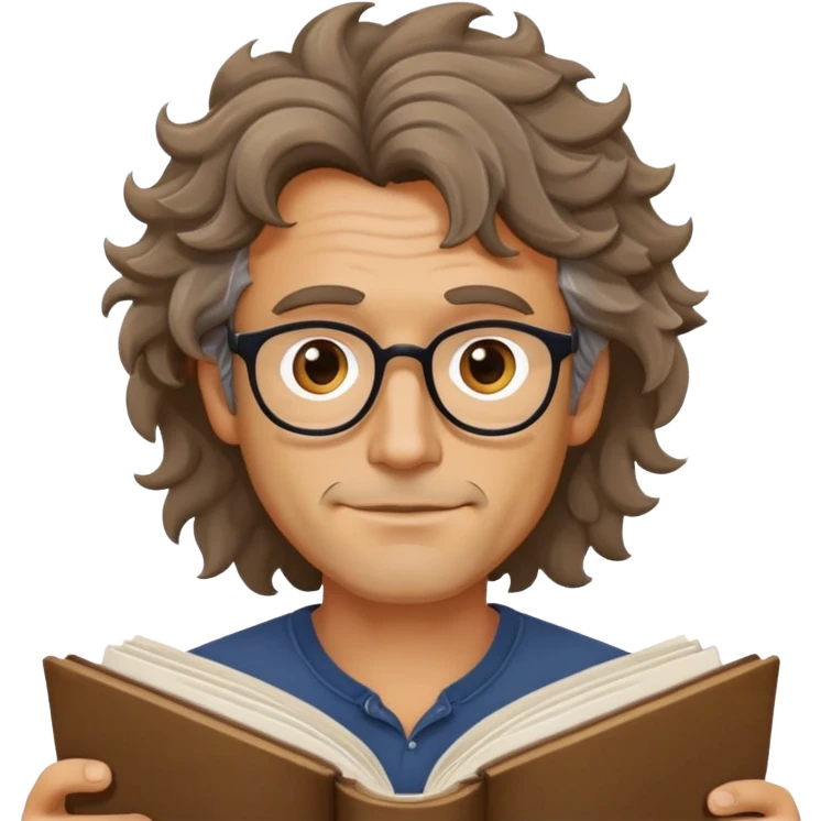 man in his forties with messy wavy hair, no glasses, holding open book emoji