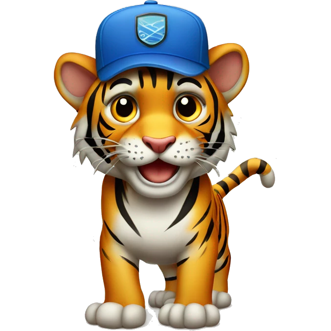 Tigre animado con gorra con un cartel emoji
