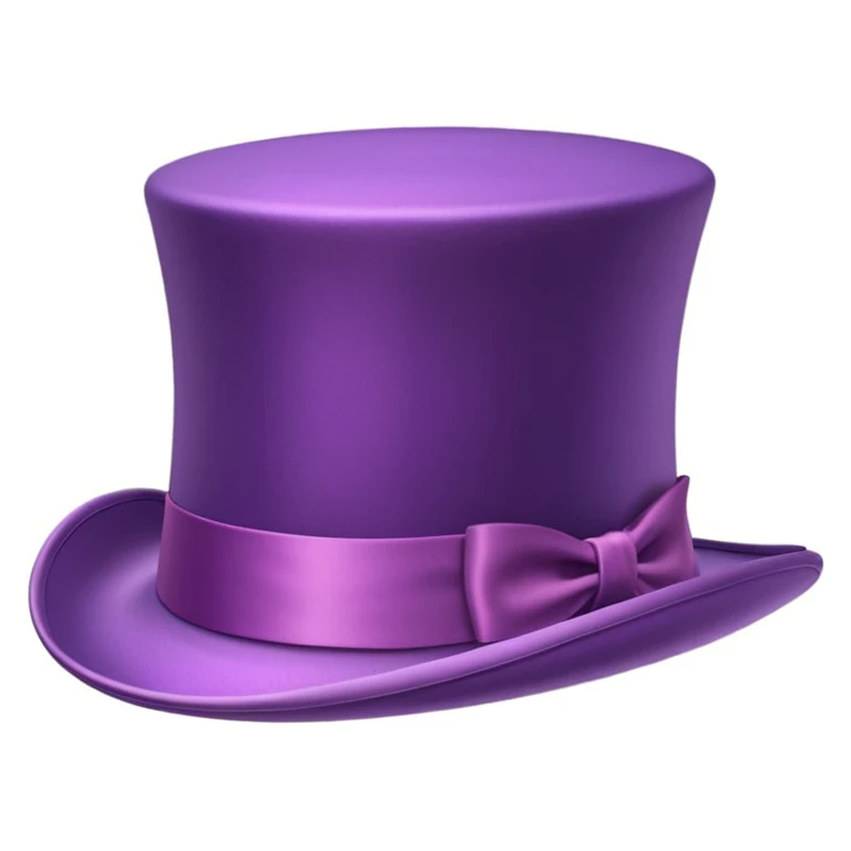 3D emoji of a vintage purple top hat, tall and smooth, with a shiny satin ribbon, wide brim, whimsical and elegant, inspired by Willy Wonka, Apple-style cartoon, soft shadows, white background. emoji