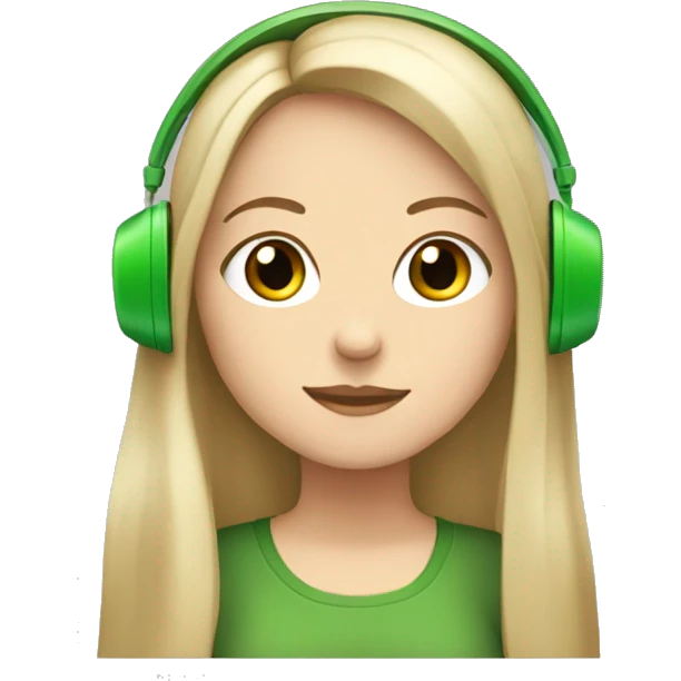white girl with long read hair, bangs, and green eyes wearing brown headphones emoji
