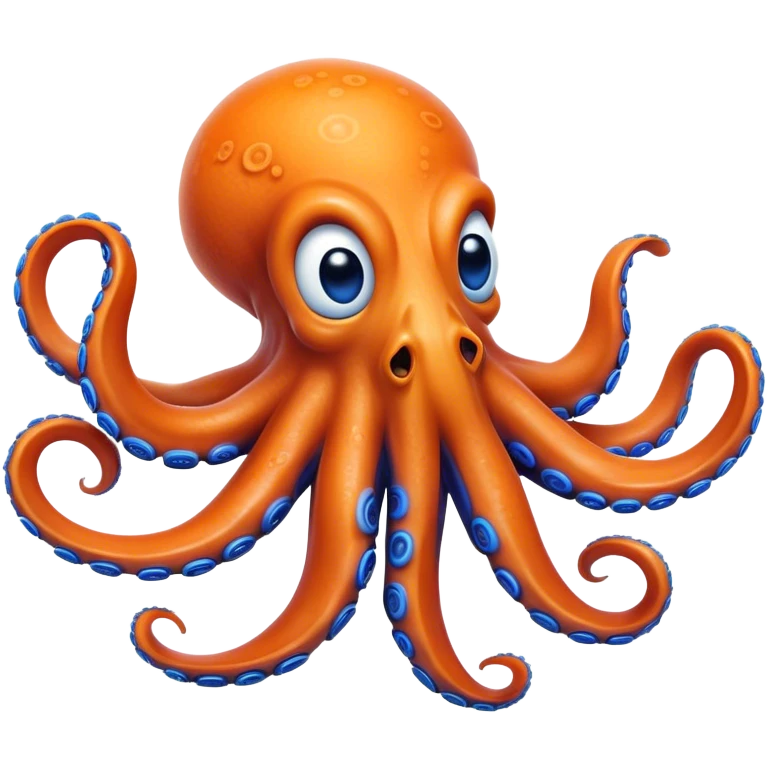 Cinematic Realistic Comical Octopus Portrait Emoji, Head tilted dramatically with an exaggeratedly amused expression, featuring a striking, glossy orange body adorned with bold blue rings and wide, expressive eyes brimming with playful disbelief; rendered with vivid natural textures and dynamic highlights, high shine, dramatic yet playful, styled with an air of cheeky ocean mischief, soft glowing outline, capturing the essence of a spirited and over‐the‐top octopus that looks ready to squirt ink its way into viral fame! emoji