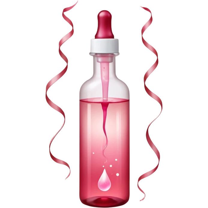 Translucent reddish-pink dropper bottle with white cap and minimal label, glowing softly. Floating in a faint red aura with swirling light ribbons and tiny peeling sparks lifting upward. by shimmer flakes, symbolizing cell renewal. Feels like a silky exfoliation elixir sealed in a potion vial  emoji