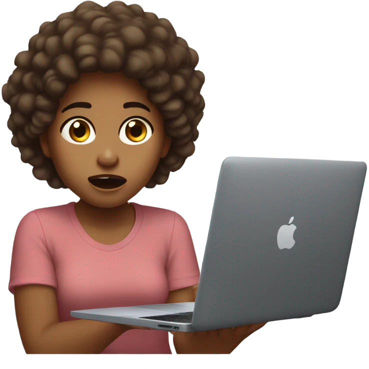 panicked girl with frizzy brown hair sitting down and holding a macbook laptop. emoji